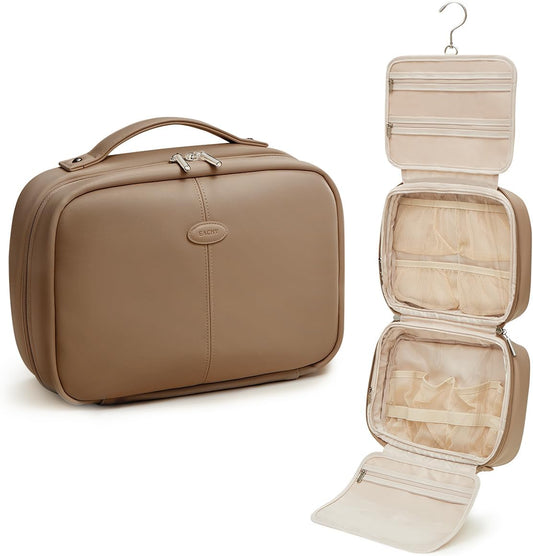 EACHY Toiletry Bag with Hanging Hook, Travel Makeup Bag PU Leather Cosmetic Bags for Women Make Up Organizer with 4 Compartments Waterproof Full-Size Portable Travel Essentials (Etoupe Grey-Pro)