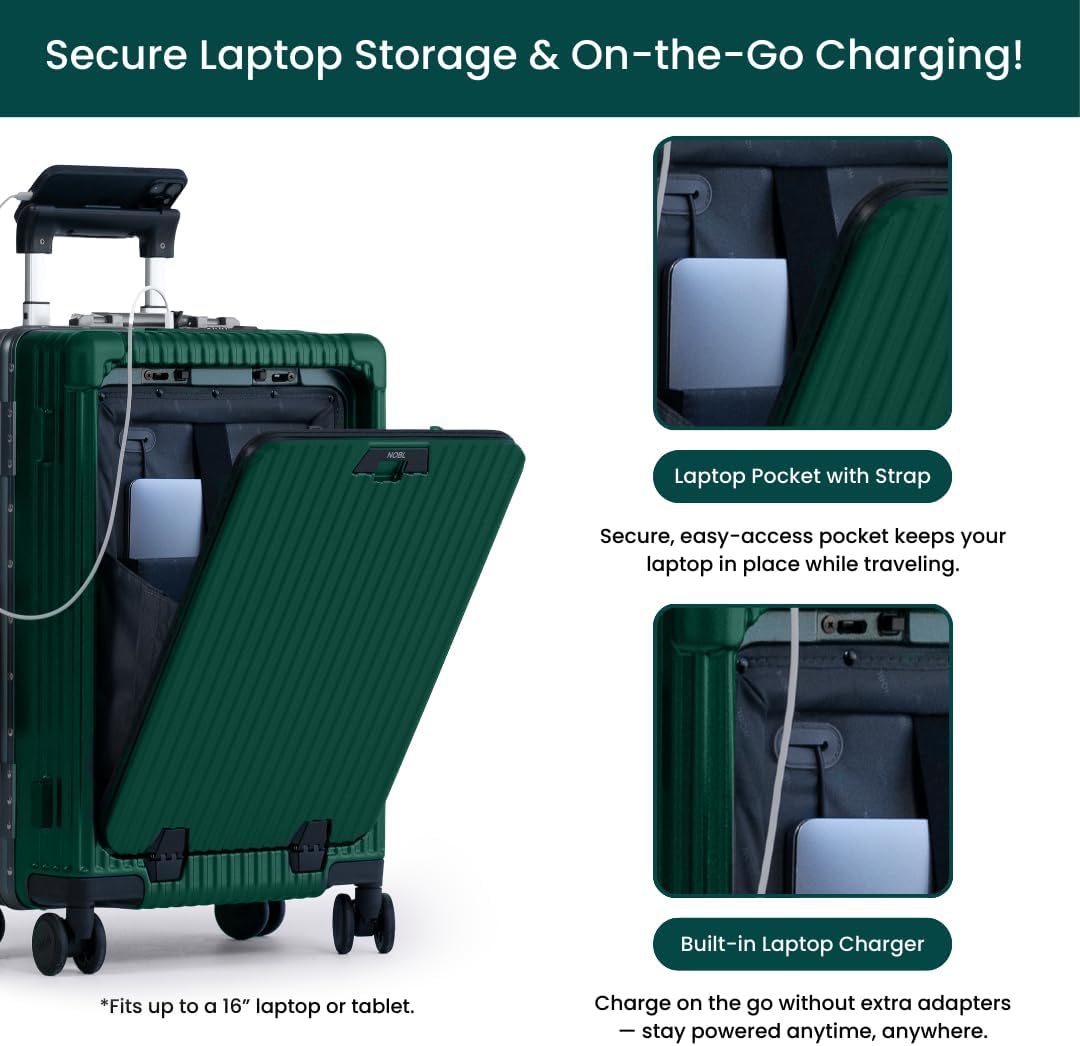NOBL Travel Carry On Luggage, Noble Zipperless Aluminum Frame PC Hard Shell Suitcase, 20.8x15x8.7 Airline Approved, 360° Spinner Wheels, TSA Locks, USB Charging Port, Cup & Phone Holder - Forest Green