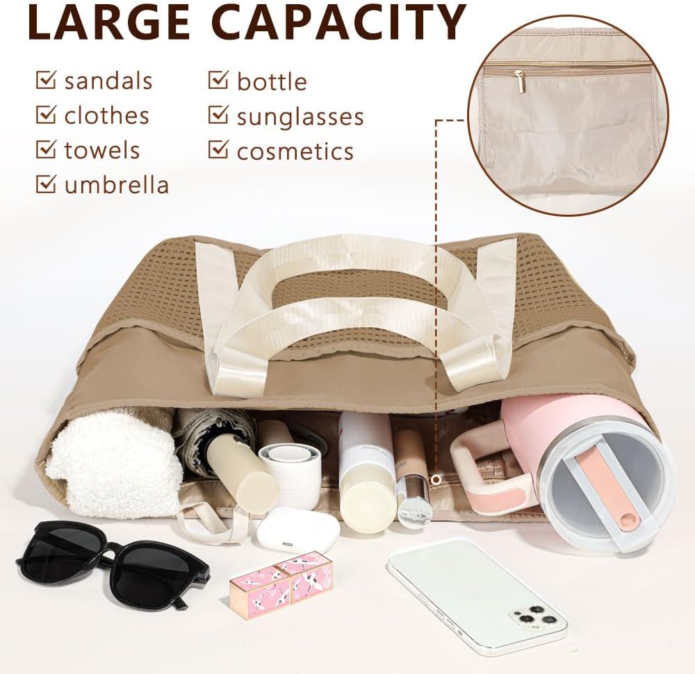 Waterproof Sandproof Beach Bag with Zipper and 6 Pockets - Foldable Lightweight Tote for Pool, Travel