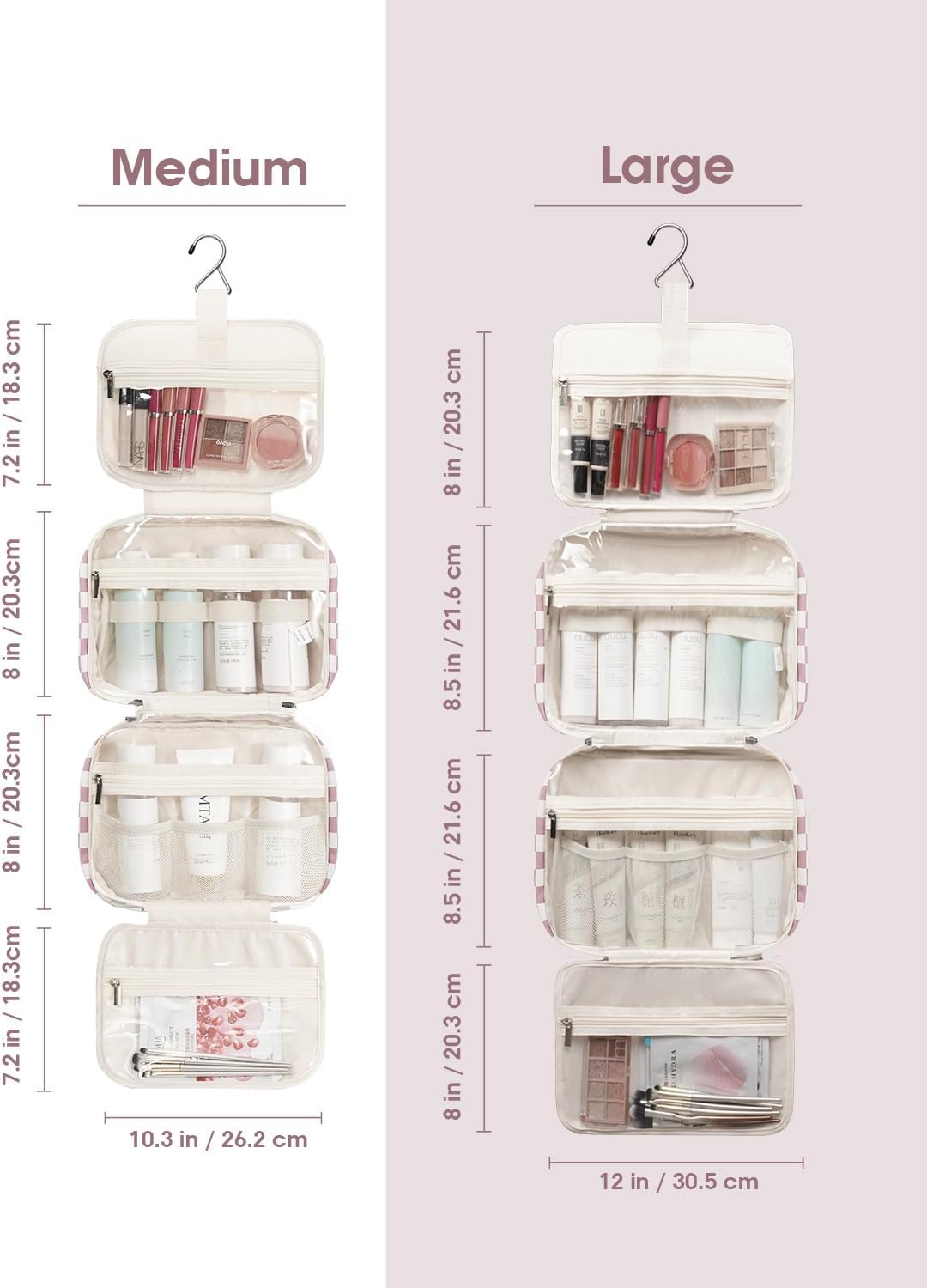 Narwey Travel Toiletry Bag for Women Large Hanging Makeup Bag Organizer Toiletries Bag for Full Size Essentials Accessories Cosmetics (Dusty Pink Checkerboard (Large))