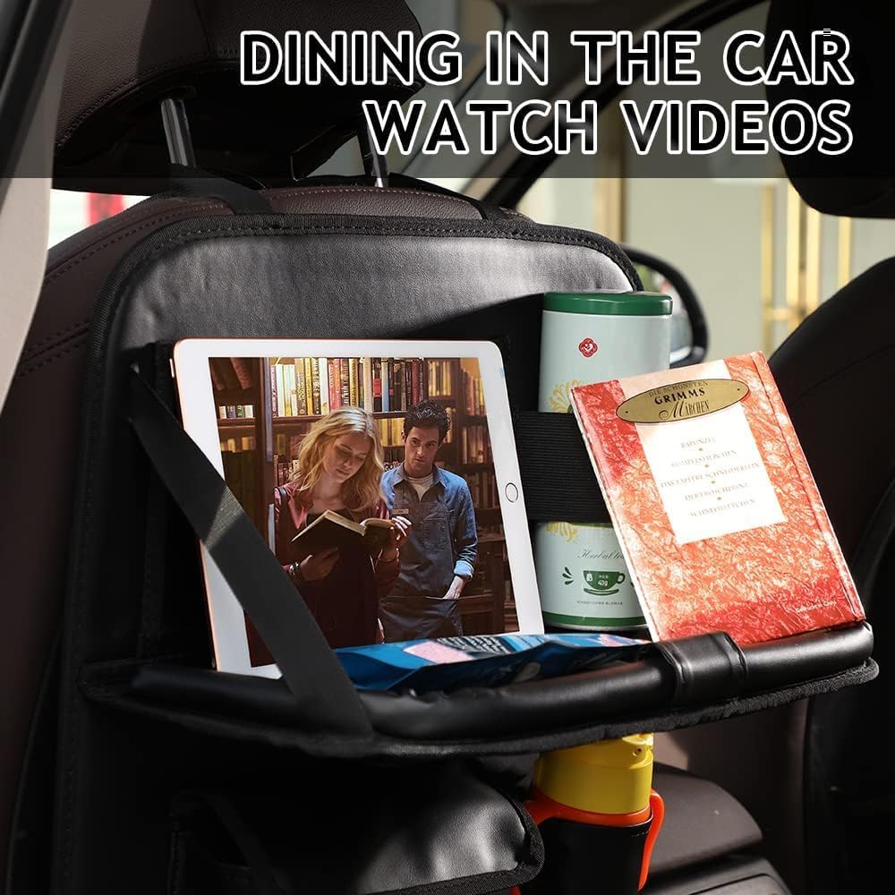 2PACK Leather Car Backseat Organizer with Tablet Holder - 9 Large Storage Pockets, Foldable Food Tray & Anti-Scratch Kick Mats - Universal Car Seat Protector for Kids, Pets & Travel Accessories