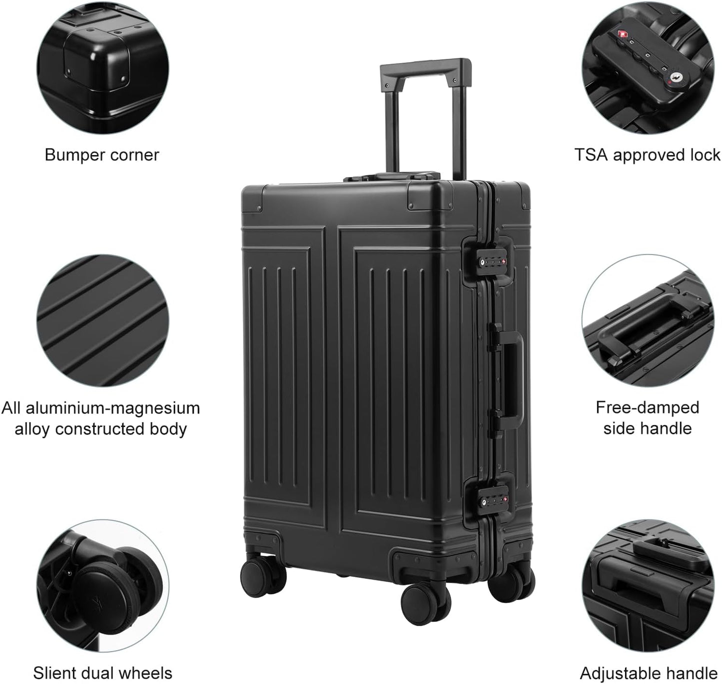 All Aluminum Magnesium Carry On Luggage，Cut from Whole Aluminum Sheet，22x14x9 Airline Approved ，（3rd Generation，Premium Magnesium Metal zipperless suitcase ） (black, 24inch)