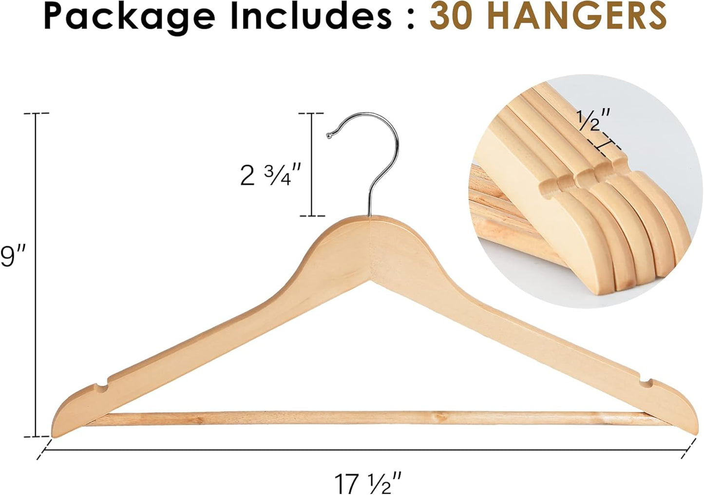 StorageWorks Wooden Hangers 30 Pack, Wood Coat Hanger for Coats, Shirts, Jackets, Pants, Suits, Natural Wood Color