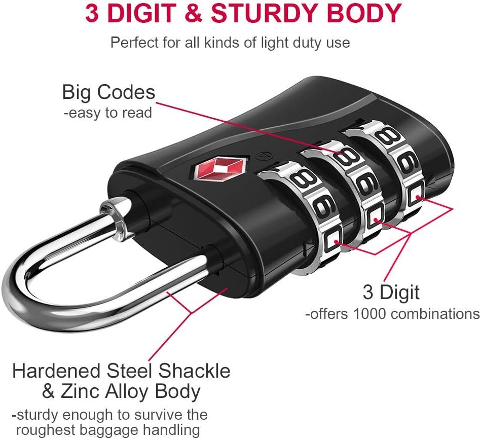 ZHEGE Luggage Locks TSA Approved, Small Padlock for Travel, Suitcase, Backpack, Laptop Bag and Handbag-Easy to Set with Alloy Body (Black)