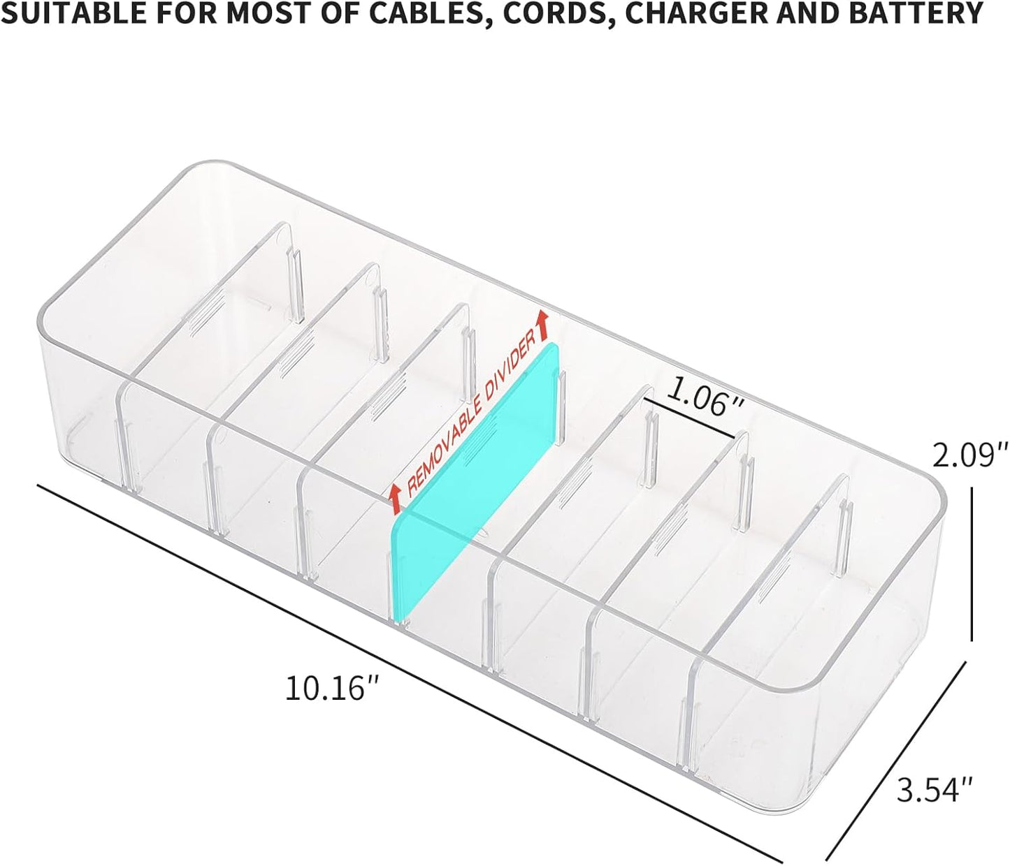 Yesesion 2 Pack Plastic Cable Management Box with Removable Dividers, Clear Cord Storage Organizer with 20 Wire Ties for Desk Drawer, Office Supplies, Electronic Accessories, Battery, Phone Charger