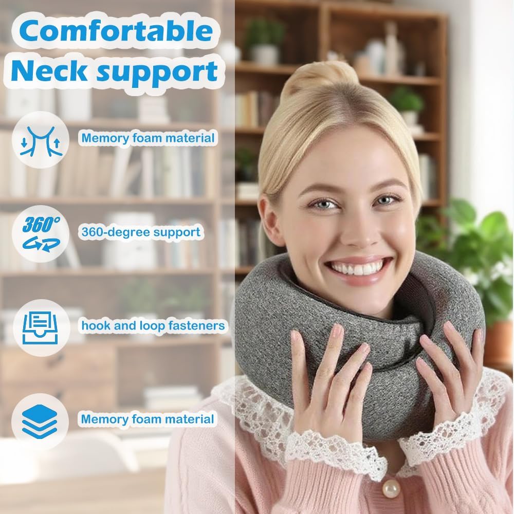 Travel Neck Pillow for Airplane, Memory Foam Travel Neck Pillow, Adults turtle neck pillow Ergonomic Support for Airplane Car Home Office Sleep, Packable Compact Portable Adults Turtle Pillows (Grey)