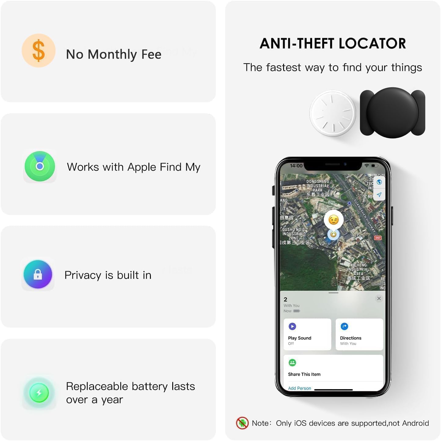 No Subscription Vehicle GPS Tracker,Portable Car GPS Tracker Work with Apple Find My（iOS Only,Mini Magnetic GPS Device Full Coverage Pinpoint Vehicle Location Elderly Children Pets (Black,1PCS)