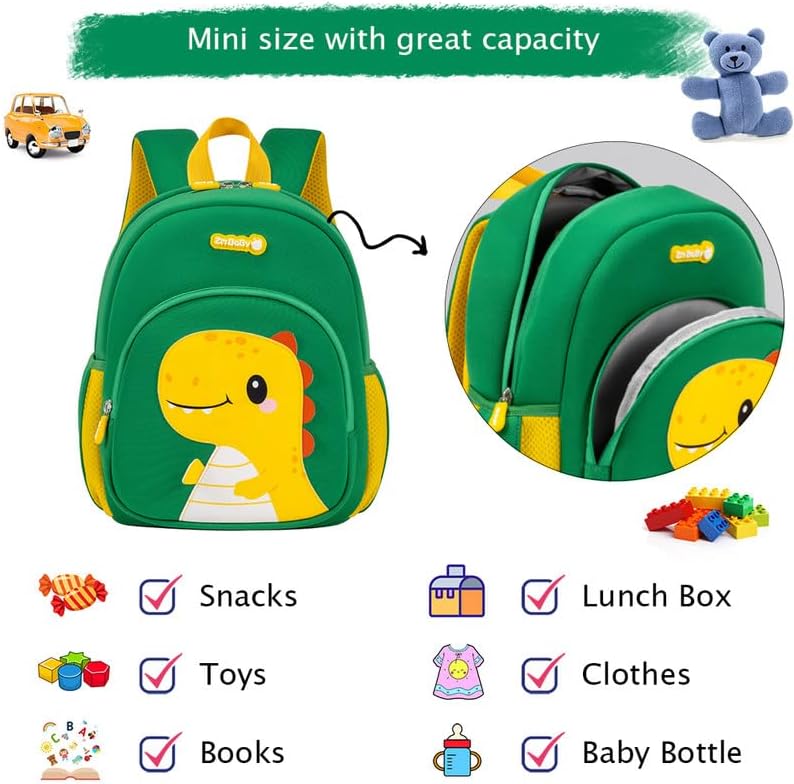 Padgene Toddler Harness Backpacks Safety Leash Kids Anti Lost Kindergarten Preschool Backpack Neoprene Lightweight Animal Schoolbag 3D Cartoon Dinasour Mini Travel Bag for Boys Girls