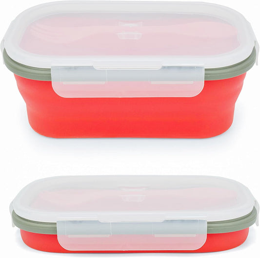 1000ml Collapsible Bento Lunch Box - Silicone Food Storage Container, Foldable Food Container with 2-in-1 Spoon Spork and Airtight Lid, Microwave Safe, Red