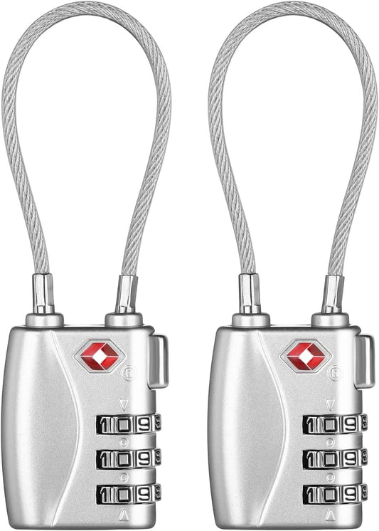 ZHEGE TSA Wire Lock 2 Pack Cable Luggage Lock with Alloy Body for Suitcase, Baggage, Backpack, Pistol Case (Silver)