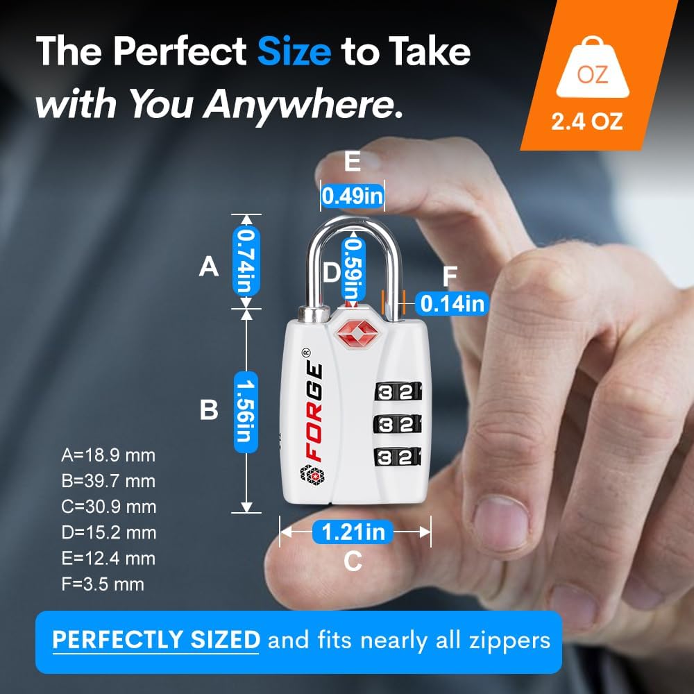 Forge Luggage Locks TSA Approved Locks, Small TSA Locks with Zinc Alloy Body, Open Alert, Easy Read Dials, for Travel Suitcase, Bag, Backpack, Cases, Lockers. White 2 Locks.