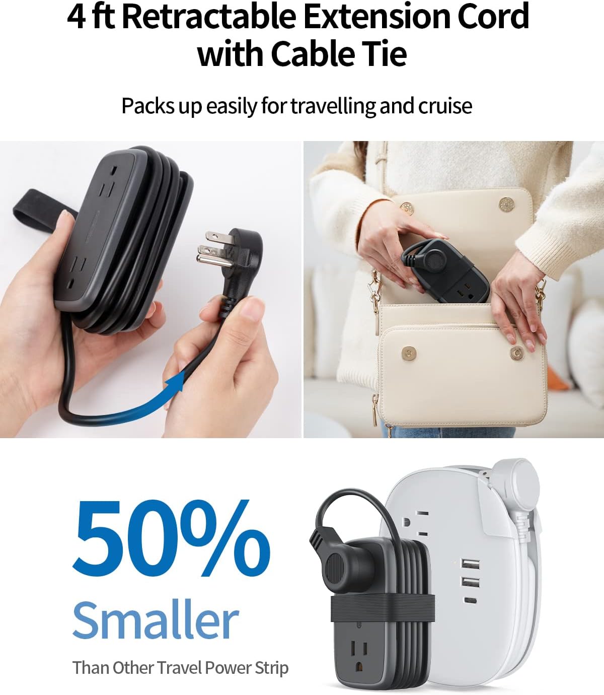 2 Pack Travel Power Strip with USB C Port, NTONPOWER Flat Plug Extension Cord with 4 Outlets 3 USB (1 USB C) for Cruise Ship, 4ft Wrapped Short Extension Cord for Home Hotel Travel Essentials