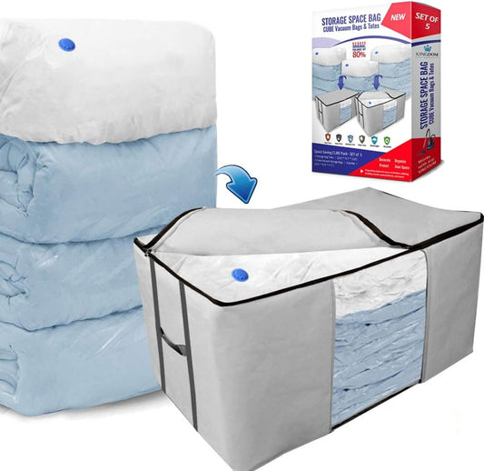 Cube Vacuum Storage Bags, Space Saver Bags, Premium Totes with Cubic Vacuum Compression Seal Bags for Clothing & Bedding. Jumbo Organizer for Storing Clothes, Comforters, Blankets, Pillows & More!