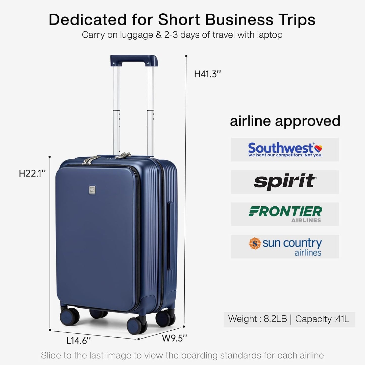 Hanke Grace Carry On Luggage with Wheels Airline Approved Hard Shell Suitcases with Front Pocket，Top Opening Luggage with TSA Lock for Short Business Travel，Dark Blue