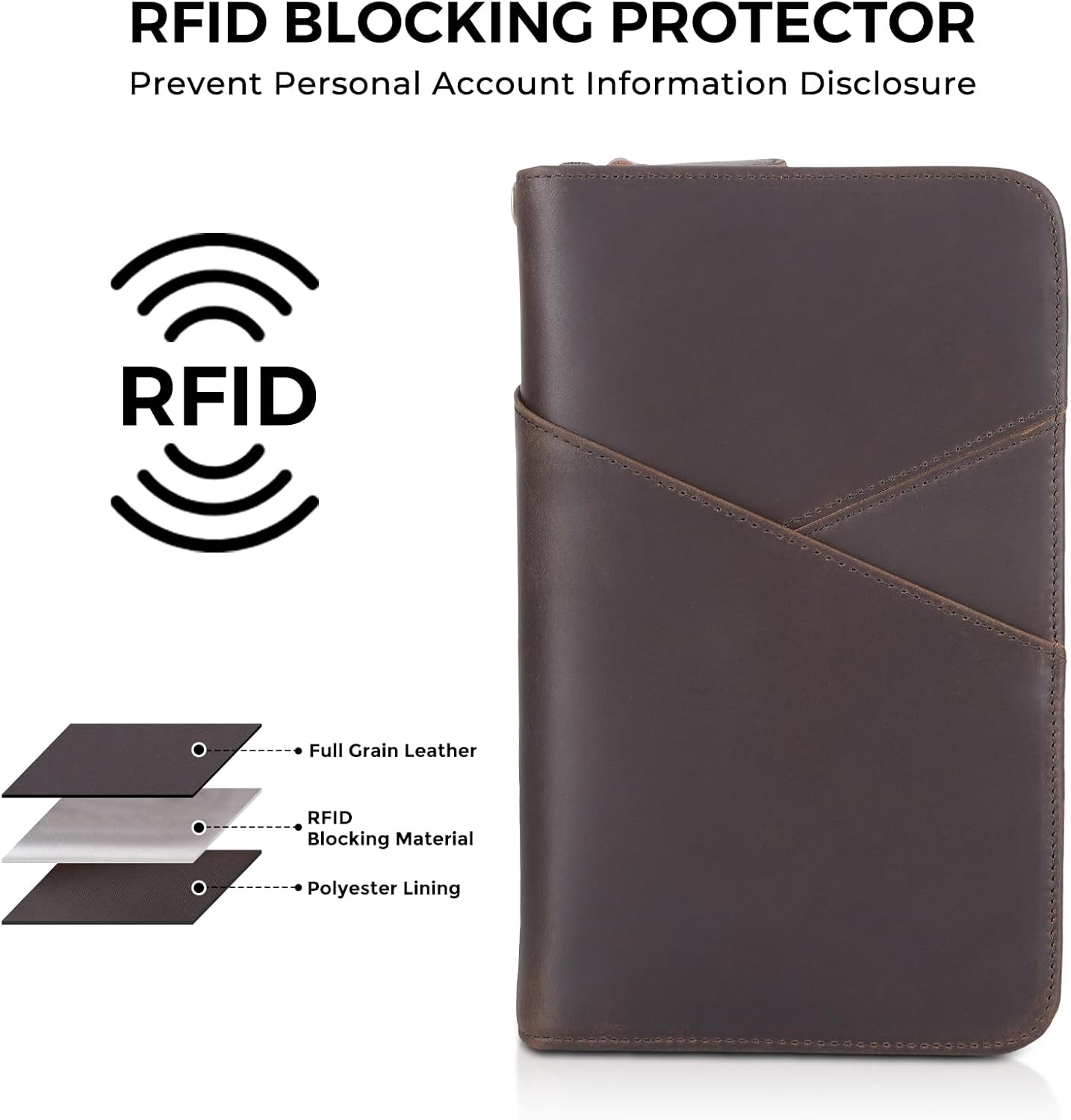 Polare Full Grain Leather Passport Holder With YKK Zipper RFID Blocking Travel Document Organizer Ticket Holder Cover Case Holds 2 Passports (Dark Brown with AirTag Slot)