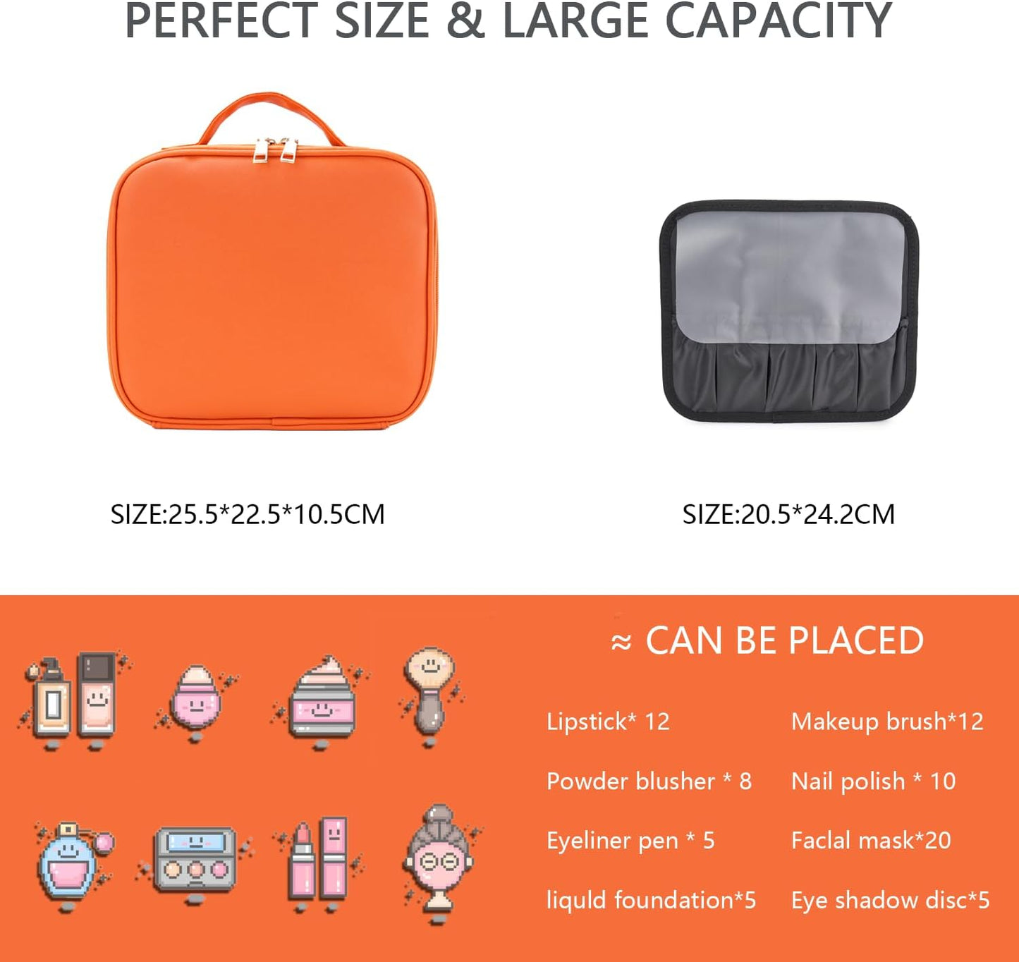 Makeup Bag with Led Mirror,Travel Makeup Organizer with 3 Color Setting & 10X Magnifying Mirror, Portable Storage and Adjustable Dividers Travel Makeup Bag-orange
