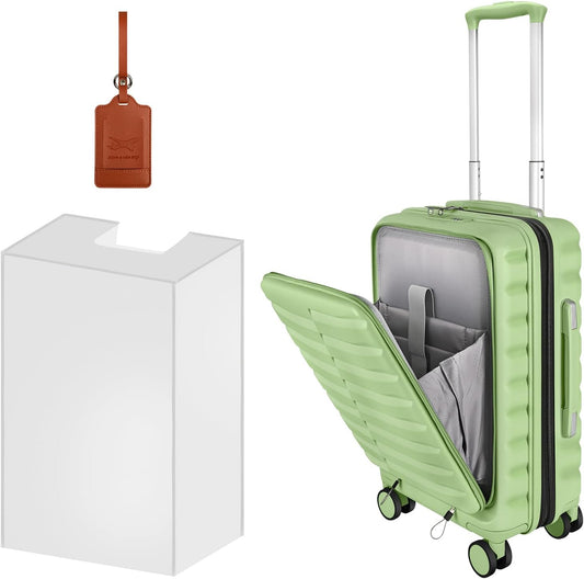 22×14×9 Airline Approved Carry On Luggage with Front Open Pocket, Spinner Wheels, ABS+PC Hardshell Small 20inch Suitcase with Protective Cover and Luggage Tag, Avocado Green