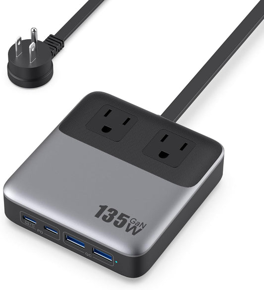 6-in-1 Charging Station USB C Power Strip with 5ft Cord and Plug,135W GaN-IV USB C Charger Block,2 AC Outlets,2 USB-A,2 USB-C for MacBook,iPhone 16/15/14,Fast Charging Desktop Charger for Office,Home
