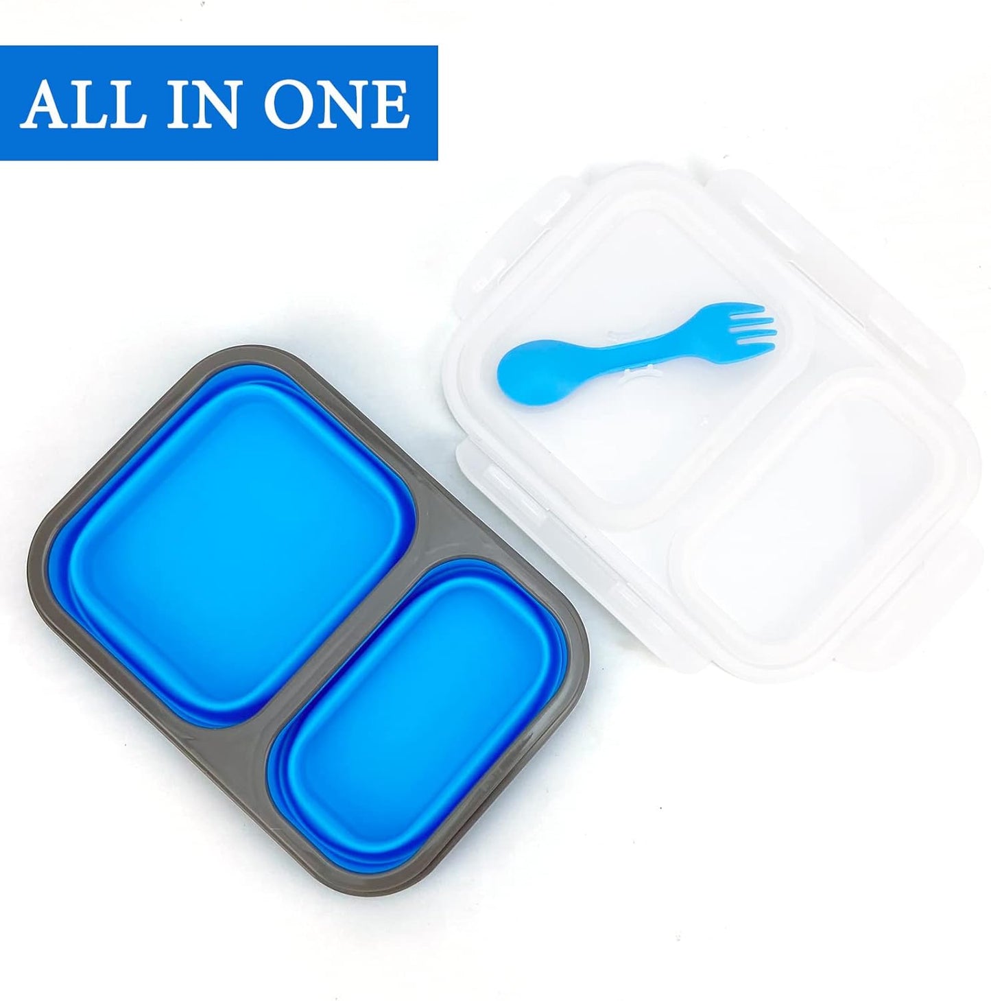 2 Compartments Collapsible Airtight Bento Box with Ideal Portion 600ml & 450ml and 2 in 1 Spoon & Fork, Food Grade Silicone Lunch Container for Adults Work Travel, Microwave Safe