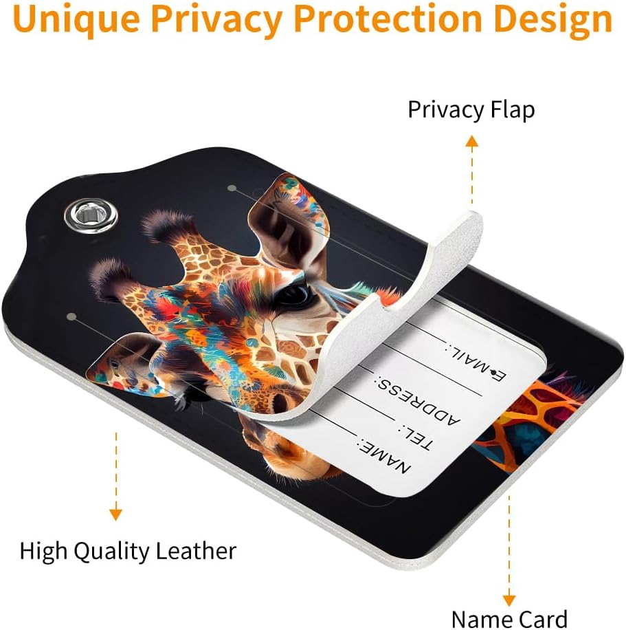 2 Pack Luggage Tag for Suitcase, Cute Unique Leather Bag Tags Identifiers Privacy Cover ID Label with Durable Steel Loop for Women Men Kids Girls Travel，GiraffeB