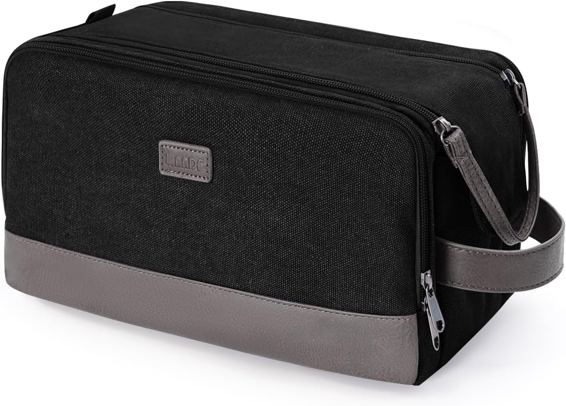 WANDF Toiletry Bag for Men Travel Toiletry Organizer Canvas and Leather Dopp Kit Water-Resistant Shaving Bag for Travel Accessories (Black, Large)