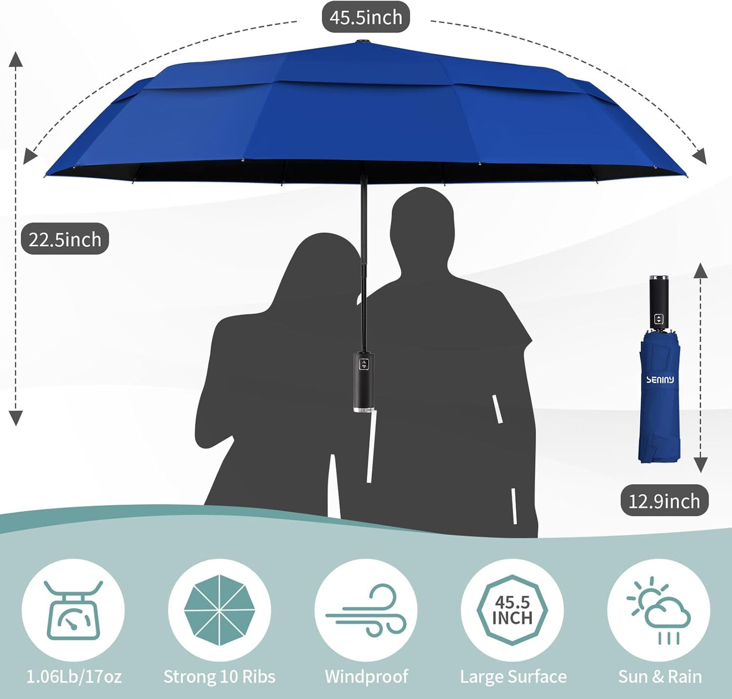 Seniny Windproof Travel Umbrella, Double Vented Canopy Large Umbrellas for Rain, Automatic Compact Umbrella for Car Backpack, Portable Pocket UV Umbrellas for Sun Protection Walking, Lightweight