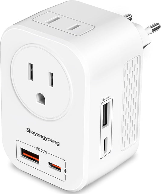 220V to 110V Voltage Converter US to Europe International Universal Travel Adapter, 20W PD With 2 USB-A 2 USB-C Port, Worldwide Power Converter Plug Combo US to Spain Italy Greece WHITE-I