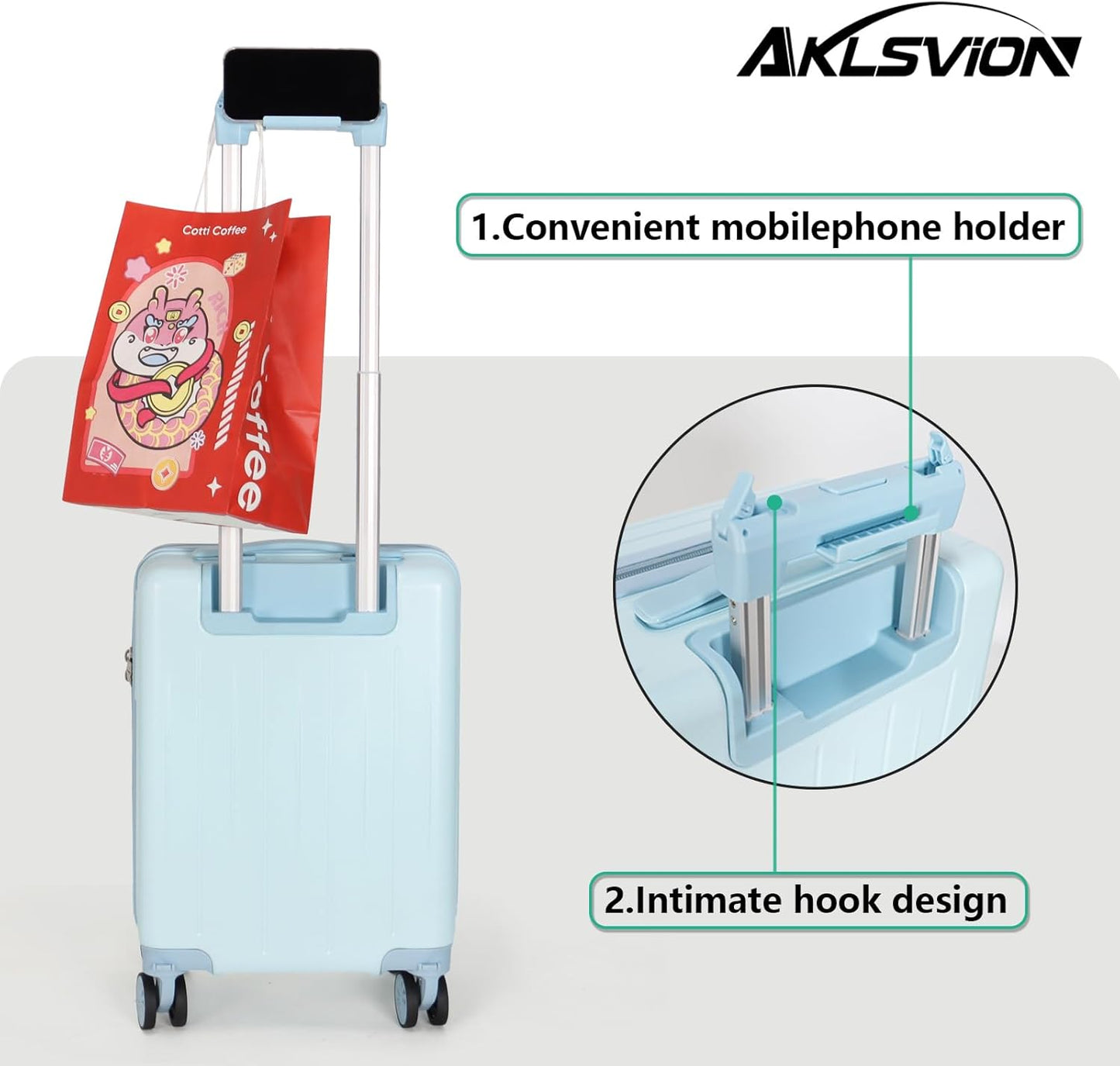 18-inch Carry-on Boarding Luggage: Equipped with Movable Wheels, TSA Approved,Under the Seat, Hard Shell Construction, Lightweight Bag with Essential Accessories (Baby Blue)