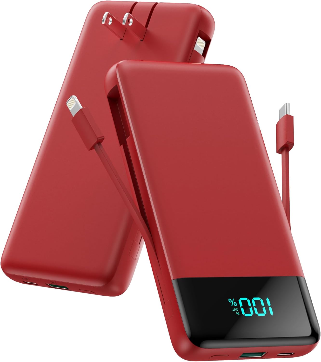 Portable Charger for iPhone with Built in Cables and Wall Plug,Upgraded 13800mAh Fast Charging USB C Power Bank,4 Outputs Travel Essential Battery Pack Compatible with iPhone 15/14/13/12,-Red