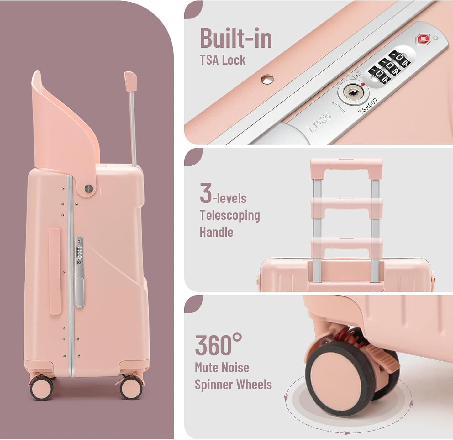 22 Inch TSA Lock Luggage with Seat for Adults and Kids,Check in Lockable Spinner Wheels Suitcase with Seat Belt and Cover (TSA Luggage with Seat Pink)