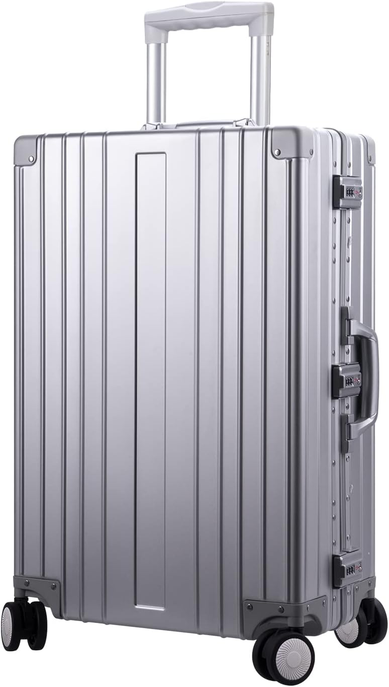 TRAVELKING All Aluminum Luggage Zipperless Hard Shell Luggage Case with TSA Lock Spinner Alloy Metal Suitcase (Silver, 24")