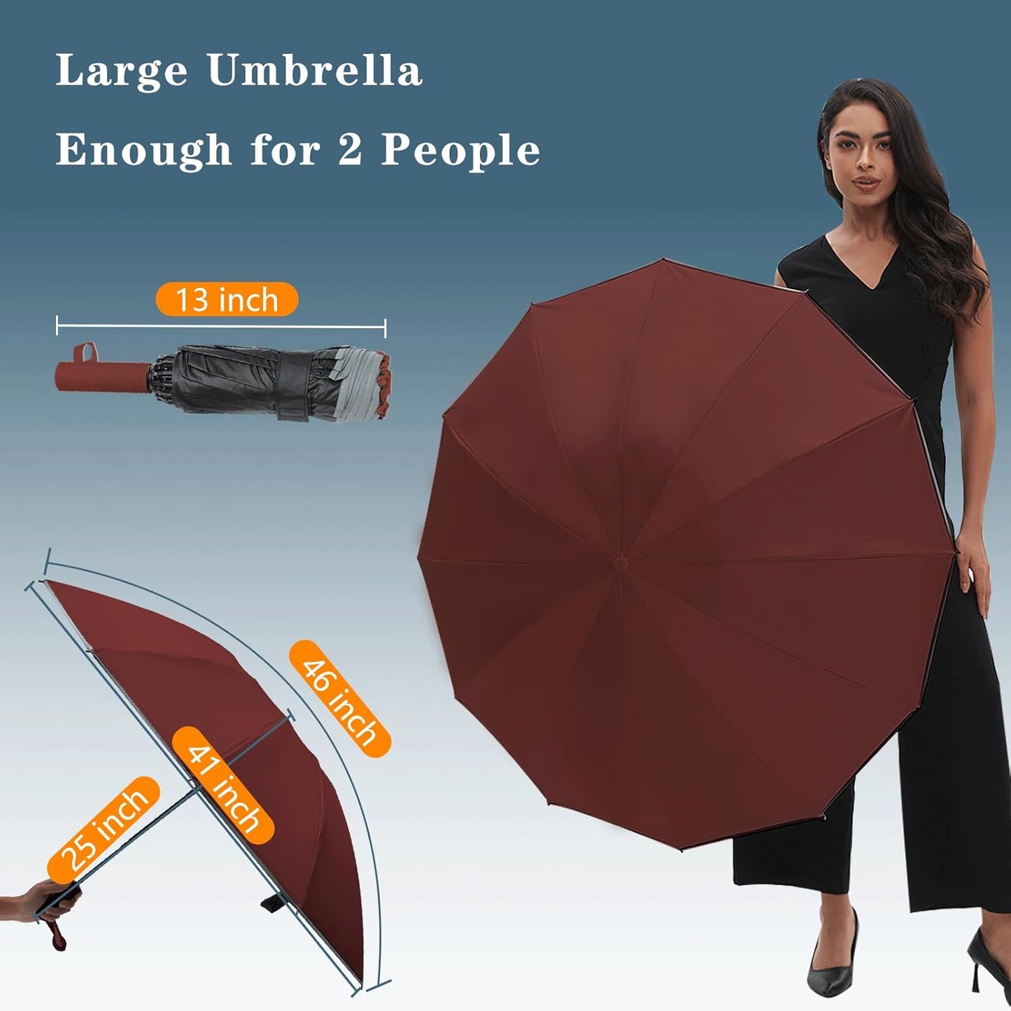 Large Double-Ribs Umbrella Automatic Folding Umbrella for Women Men, Travel, UPF 50+ UV Protection