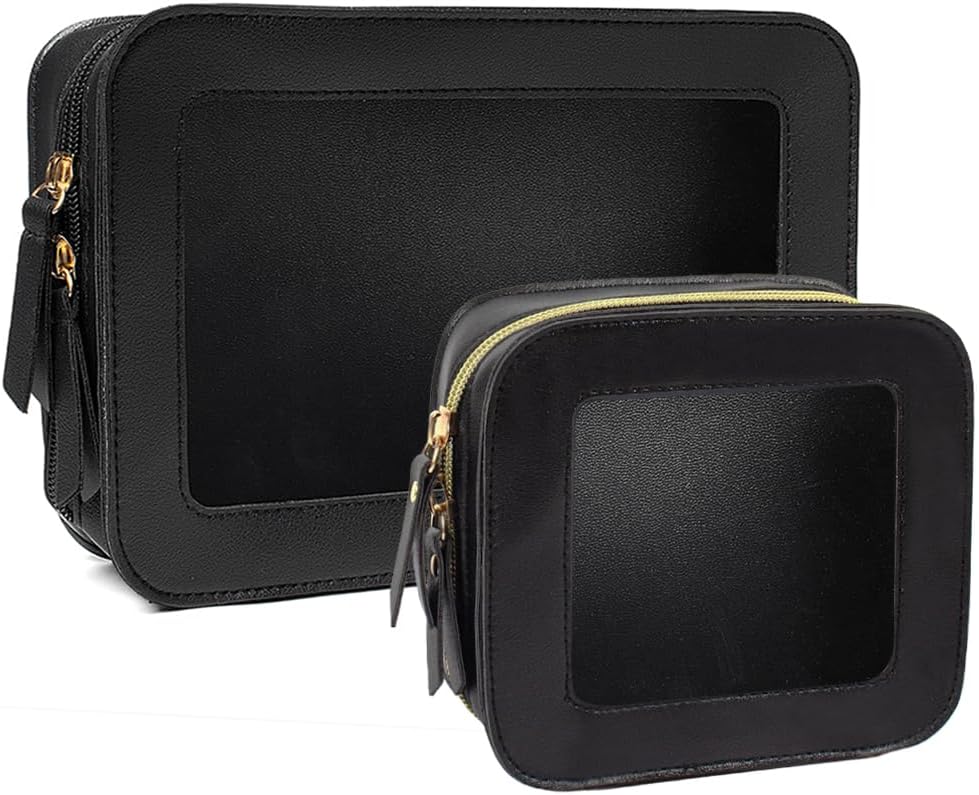 2 Pcs Clear Makup Bag Set, Clear Cosmetic Bags with Zipper Waterproof Small Travel Cosmetic Case Cute Make Up Pouch Mini Car Essentials for Women Travel Car Organizer (Black Set)