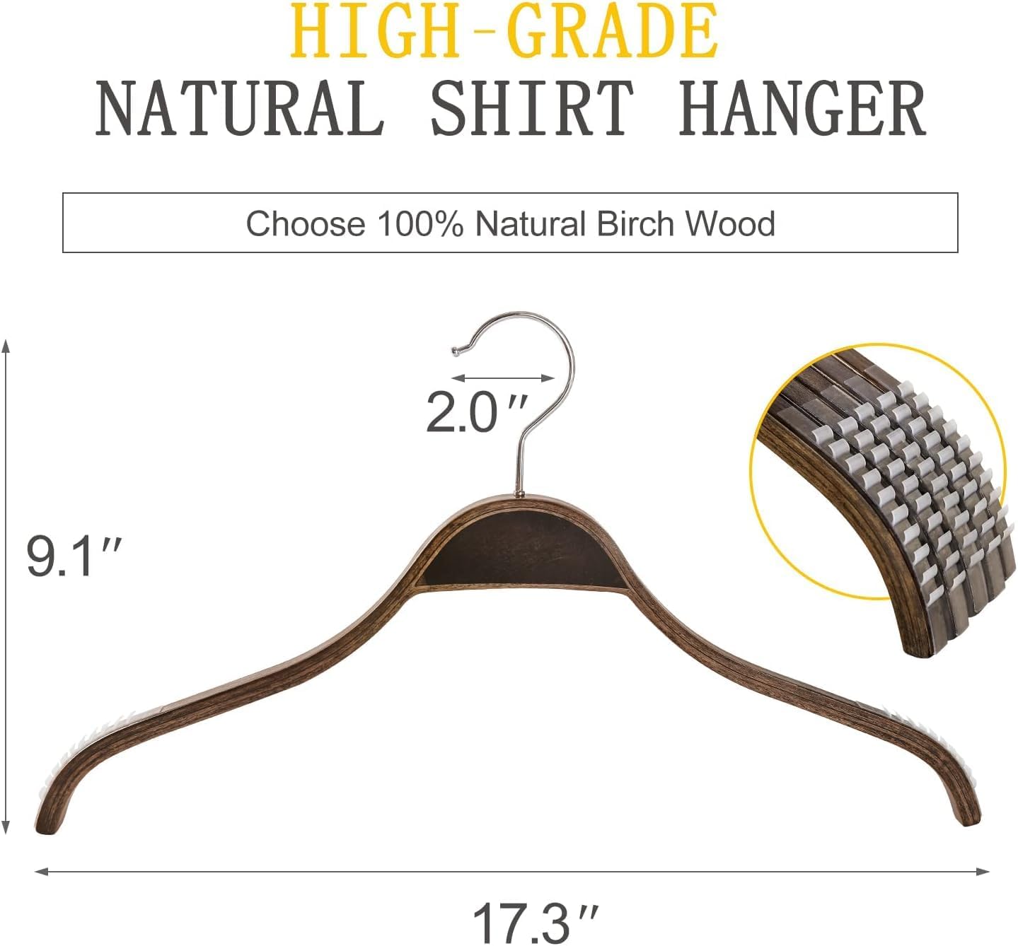 TOPIA HANGER Slim Wooden Hangers with Extra Soft Non-Slip Rubber Grips, 30-Pack High-Grade Fashion Hanger No Shoulder Bump for Sweater, Camisole, Jacket, Dress, Coat (Antique)-CT15A30