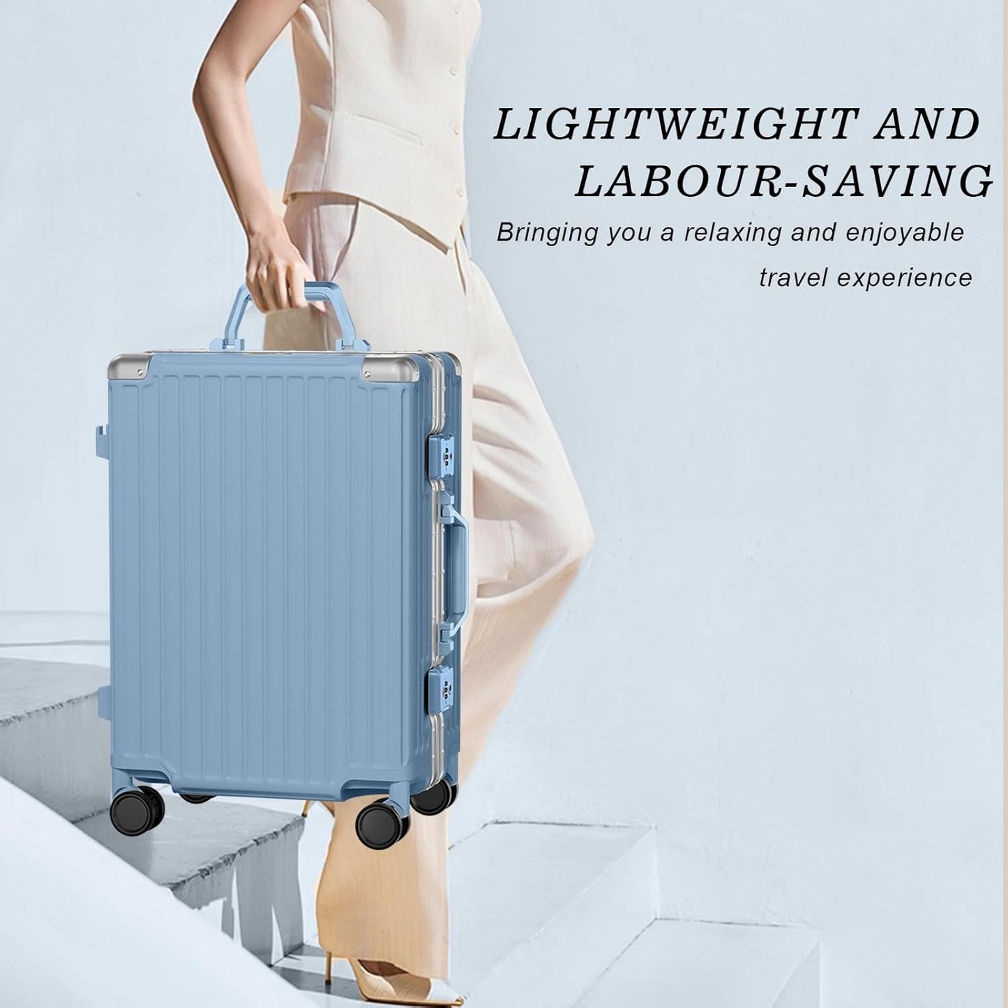 AnyZip Luggage PC+ABS Aluminum Frame Zipperless Checked Luggage Hard Shell Suitcase with TSA Lock Double Spinner Wheels 24 Inch Haze Blue