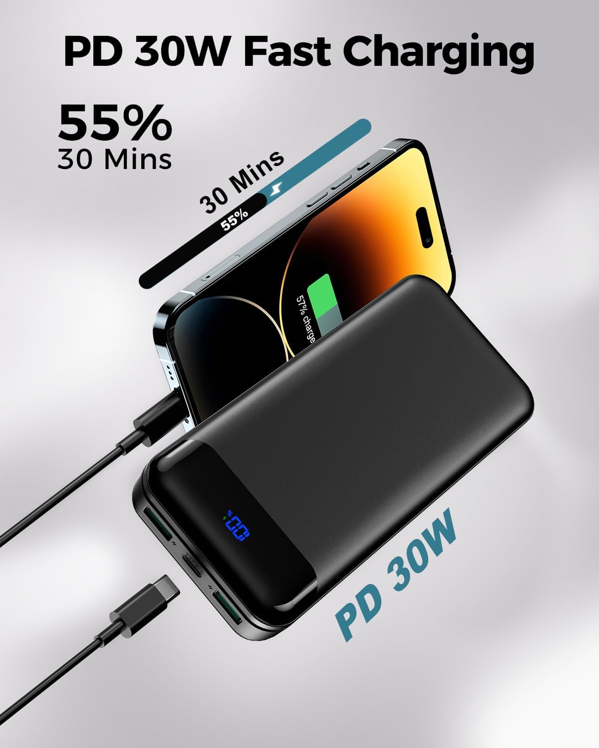 Portable Charger Power Bank 40000mAh Powerbank PD 30W and QC 4.0 Fast Charging External Battery Pack with USB-C LED 3 Outputs & 2 Inputs Portable Charging for iPhone 15 14 13 pro, Samsung
