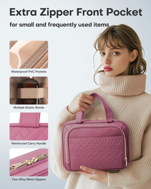 HOTOR Travel Toiletry Bag for Women & Men, Waterproof Makeup Bag with Hanging Hook and Multiple Pockets, Cosmetic Bags for Women, Travel Essentials, 11.2'' x 3.2'' x 8.9'', Rosewood-Pink