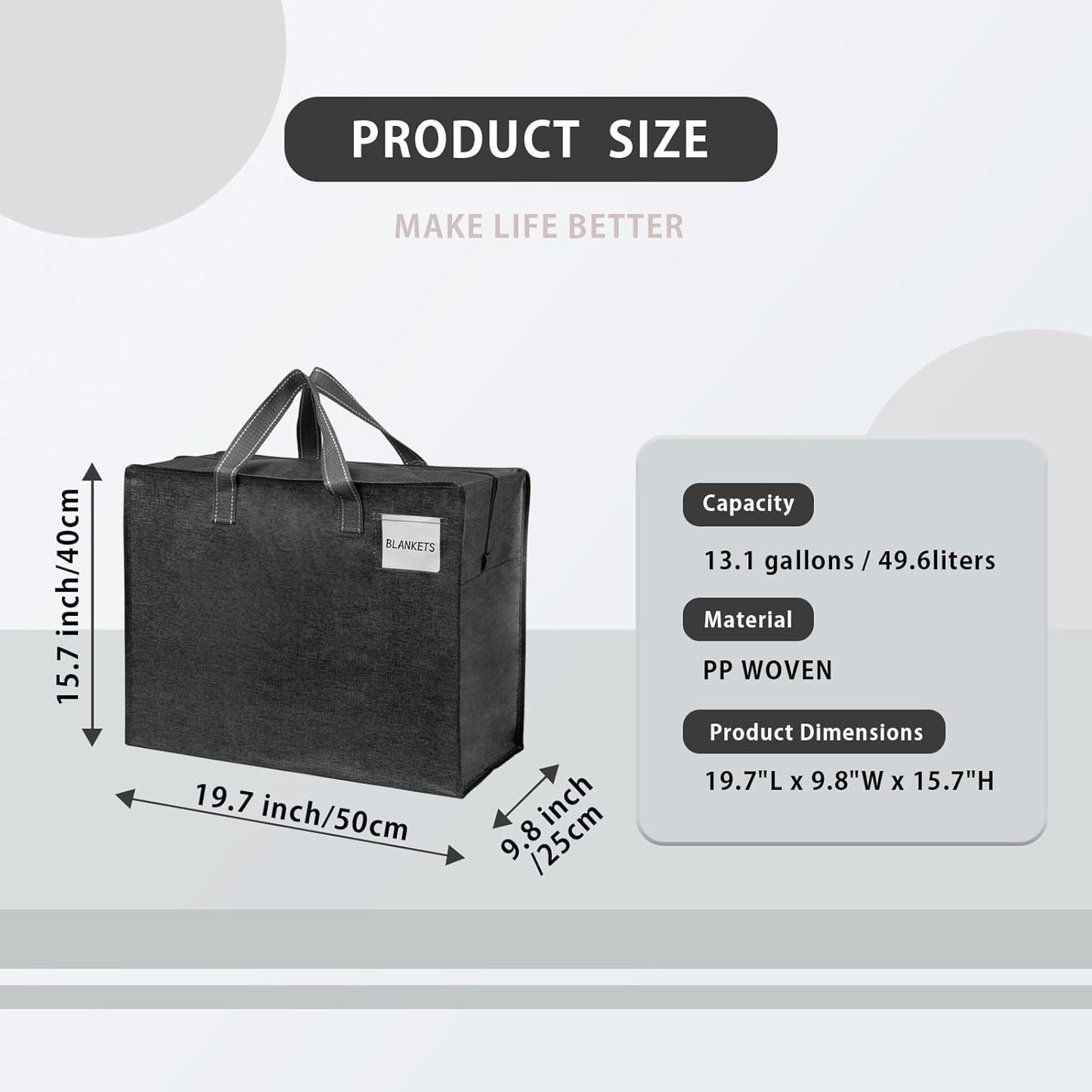 VENO 4 Pack Heavy Duty Moving Bags, Storage Bags, Packing Supplies, Top Zipper, Storage Totes for Camping, Clothes, Bedding, Comforters, Pillows (13 Gallon Dark Gray, 4 Pack)