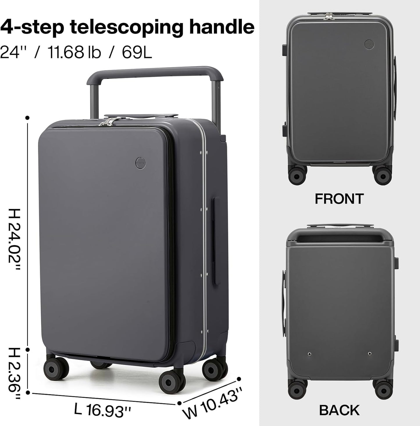 mixi Checked Luggage Wide Handle Luxury Design Rolling Travel Suitcase PC Hardside with Aluminum Frame Hollow Spinner Wheels, with Cover, 24 inch, Rock Grey