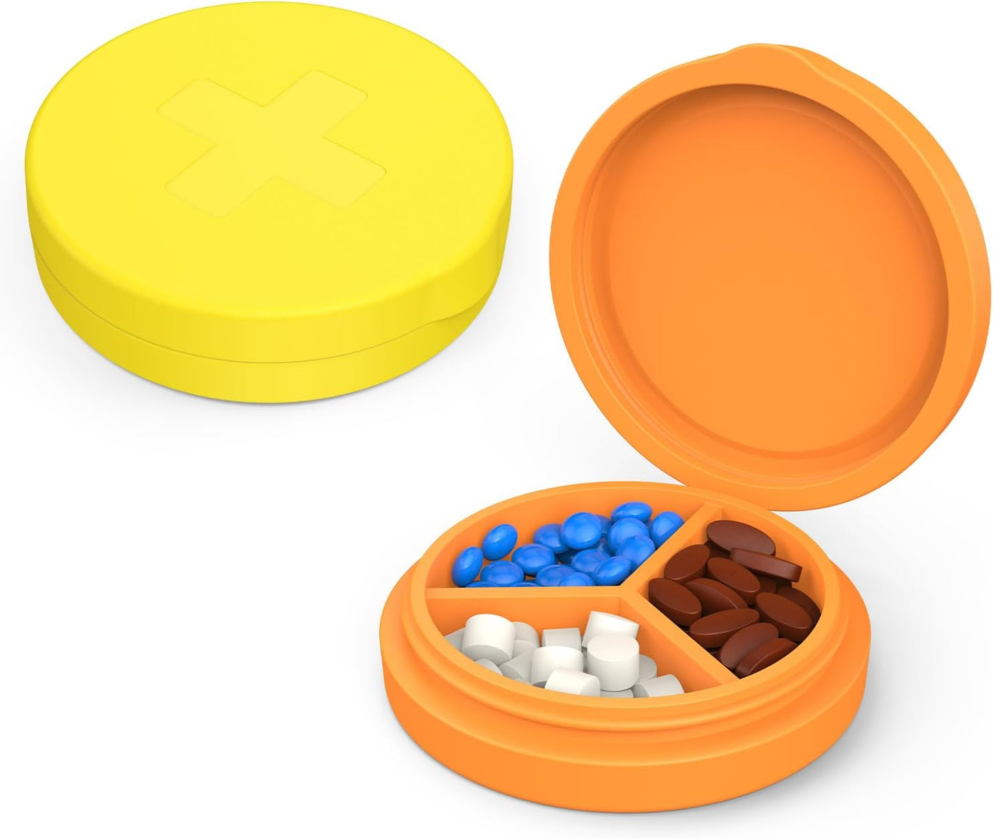 2 Pack Small Pill Box,3 Compartment Round Silicone Travel Pill Box for Purse Pocket, Waterproof Portable Compact Medicine Holder for Vitamin, Cod Liver Oil, Supplement(Orange+Yellow)