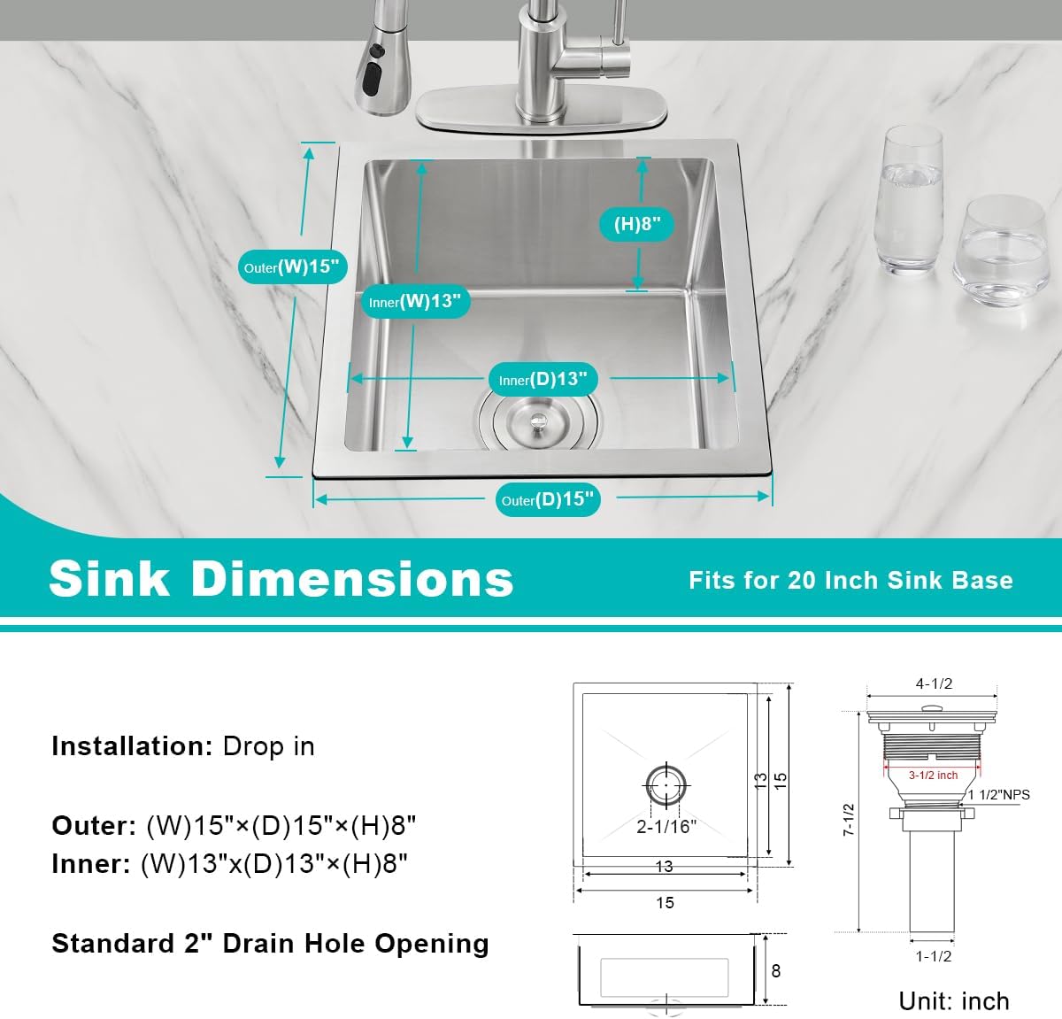 15 x 15 Inch Undermount Kitchen Sink, T-304 Stainless Steel Handmade Single Bowl Kitchen Bar Sink or Prep Small Sink (Brushed)