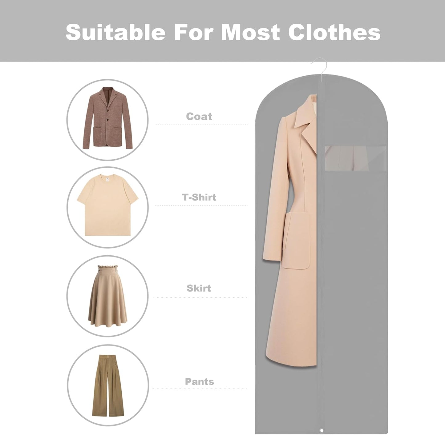 Dress Bags for Gowns Long, 65'' Garment Bags for Hanging Clothes, Suit Bag Cover for Storage and Travel, 2 Pack (Grey)