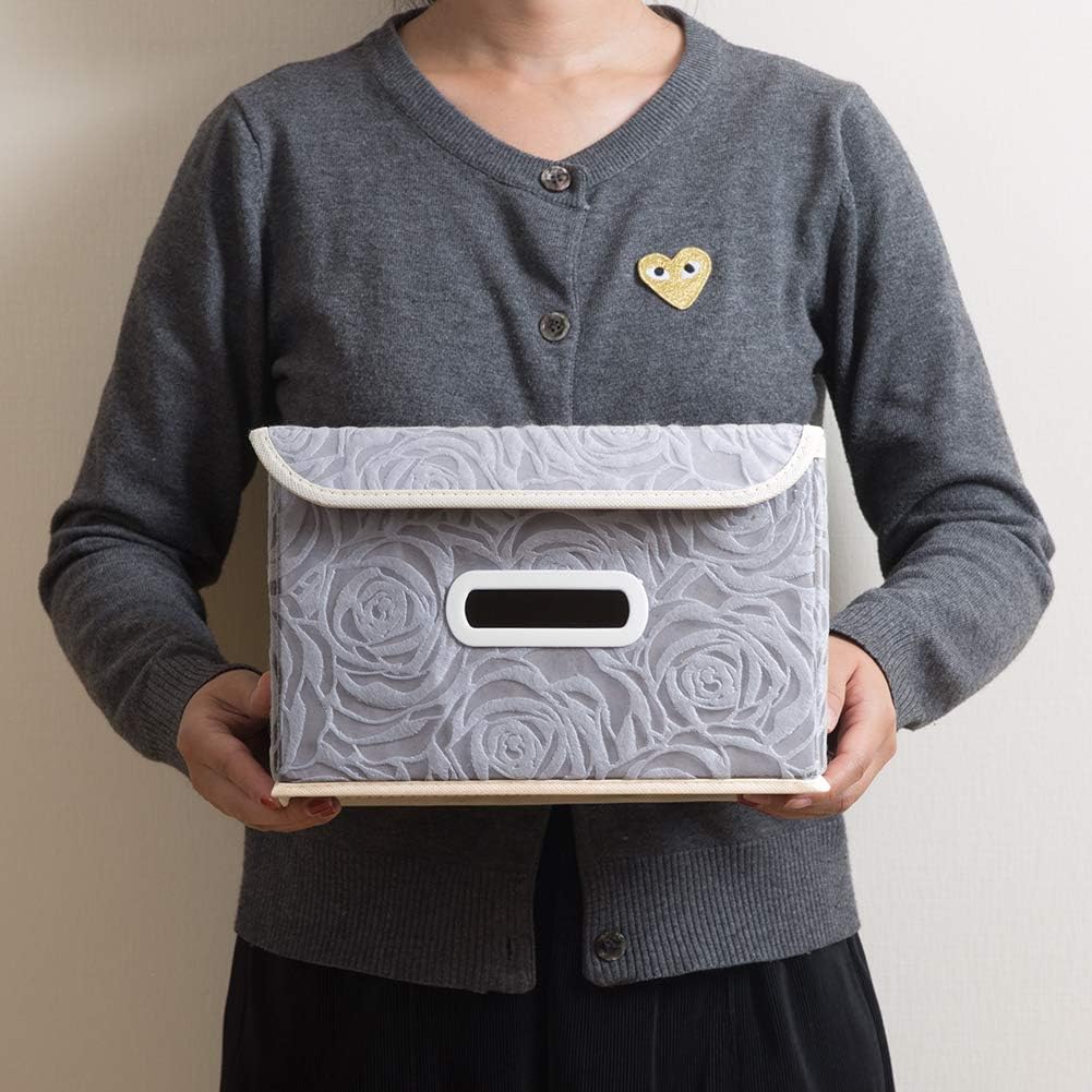 PRANDOM Stackable Storage Boxes with Lids [5-Pack] Fabric Decorative Storage Bins Cubes Organizer Containers Baskets with Cover Handles Divider for Bedroom Closet Living Room Grey 9.8x7.9x6.7 Inch