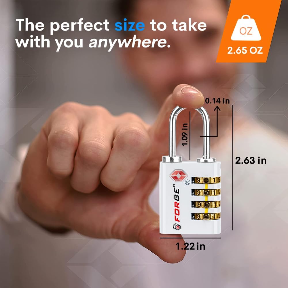 Forge Dual-Opening: Key or Combination Access Lock, TSA Approved Locks for Luggage, Pelican case, Travel, Gym, School, Stainless Steel Shackle. (White, 2 Pk)