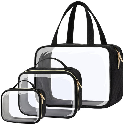 PACKISM Clear Toiletry Bags - 3 Pack Makeup Bags with Handle, Large Opening, Waterproof Cosmetic Bags Fit Carry-on Travel Essentials, Black