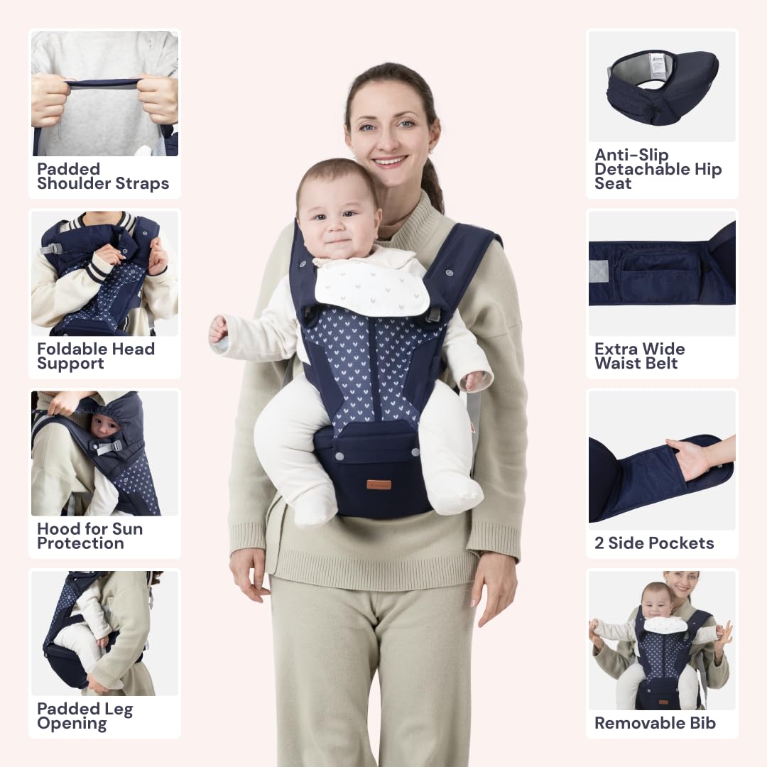 BabbleRoo Grow Carrier – 6-in-1 Baby Carrier with Hip Seat, Ergonomic, Cozy & Adjustable Toddler Carrier 7-50 lbs with Hip & Lumbar Support, Hood for Sun Protection, Newborn to Toddler, Navy Hearts