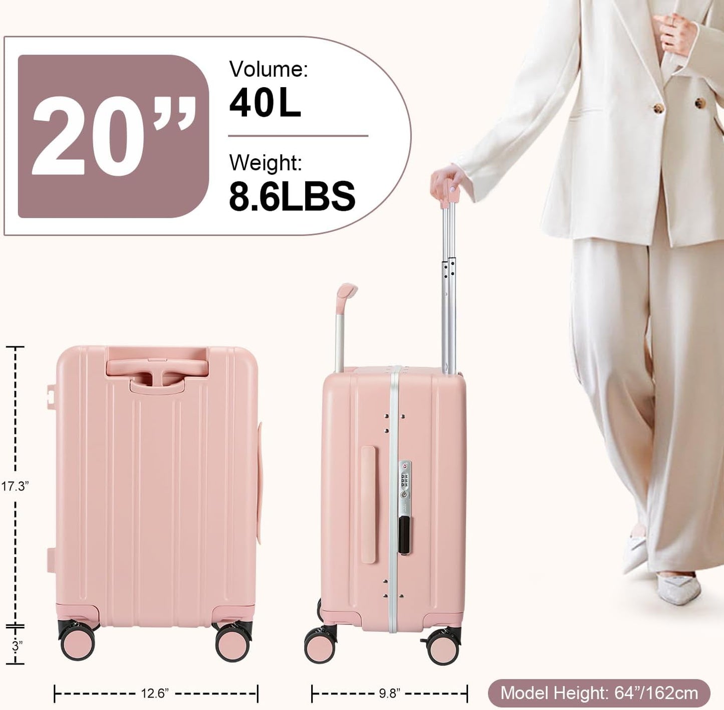 MRPLUM Carry On Luggage Double Handle Suitcase with Net Pocket,Hard Shell Spinner Wheels Luggage with TSA Lock&Seat Belt,20 inch,Pink