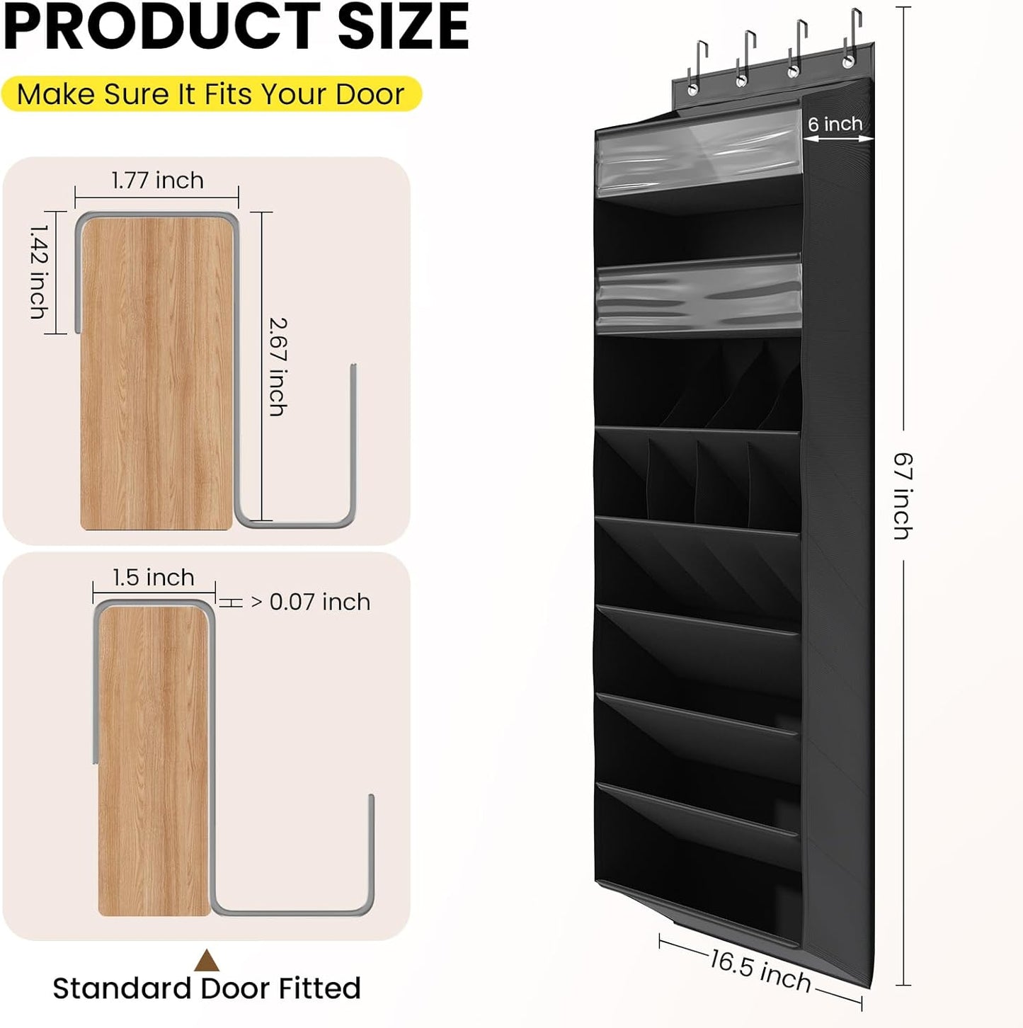 Over the Door Shoe Organizer for Closet, Shoes Rack with 8 Tier Large Deep Pockets, Hanging Shoe Organizers for Boot Storage, Behind the Door Narrow Shoe Holder for Small Shoes, Black