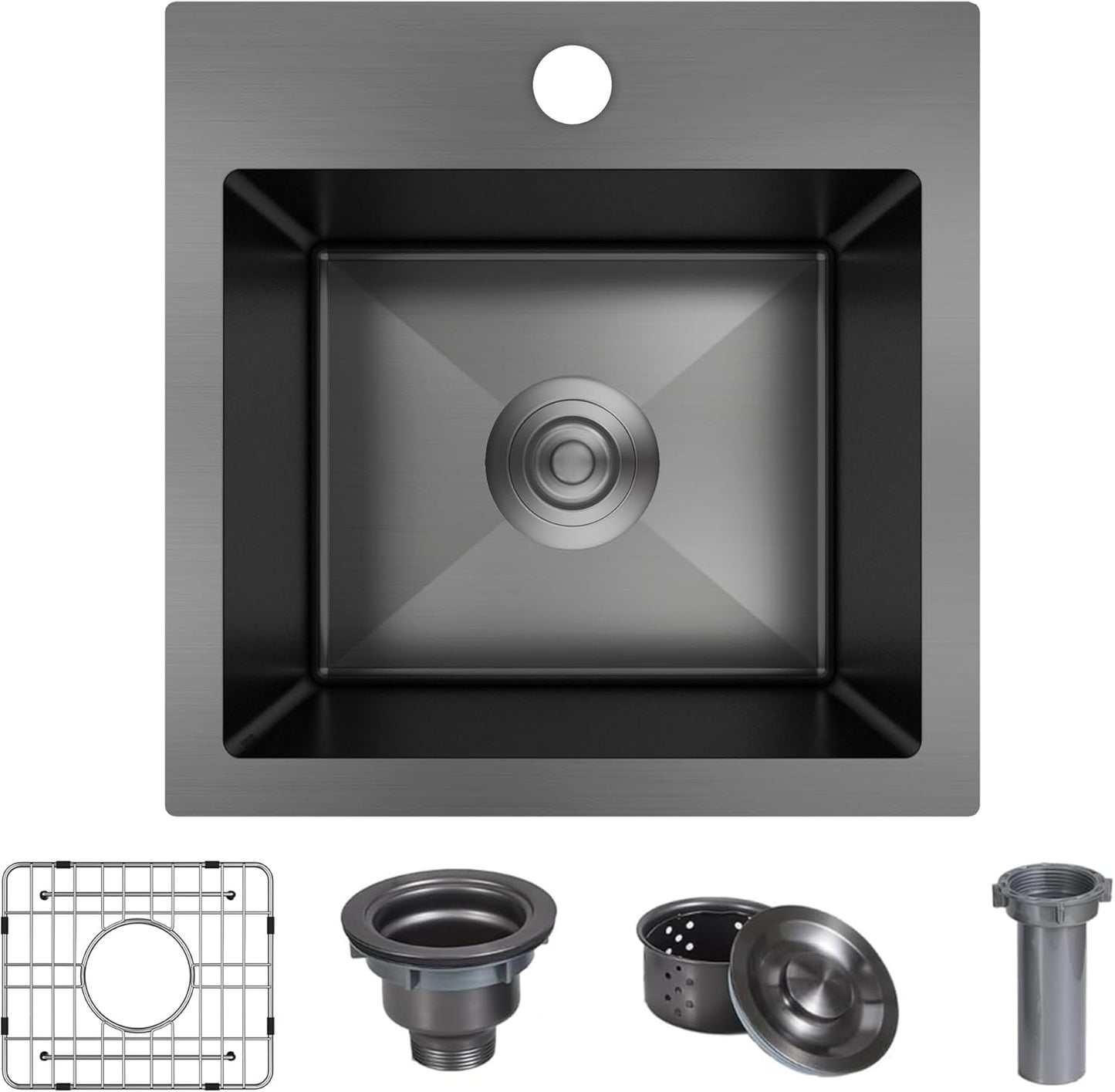 15 x 15 Inch Black Drop In Kitchen Sink - Single Bowl Topmount Bar Prep Sink, 18 Gauge Stainless Steel with Grid and Basket Strainer