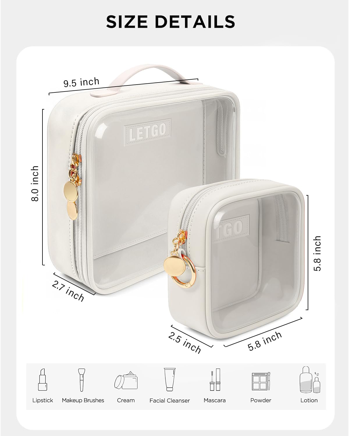 Travel Toiletry Bag,2 Pack Clear Makeup Bags with Handles,180°Opening Clear Cosmetic Bags for Traveling Women,Men,Travel Essentials(Large+Mini White)